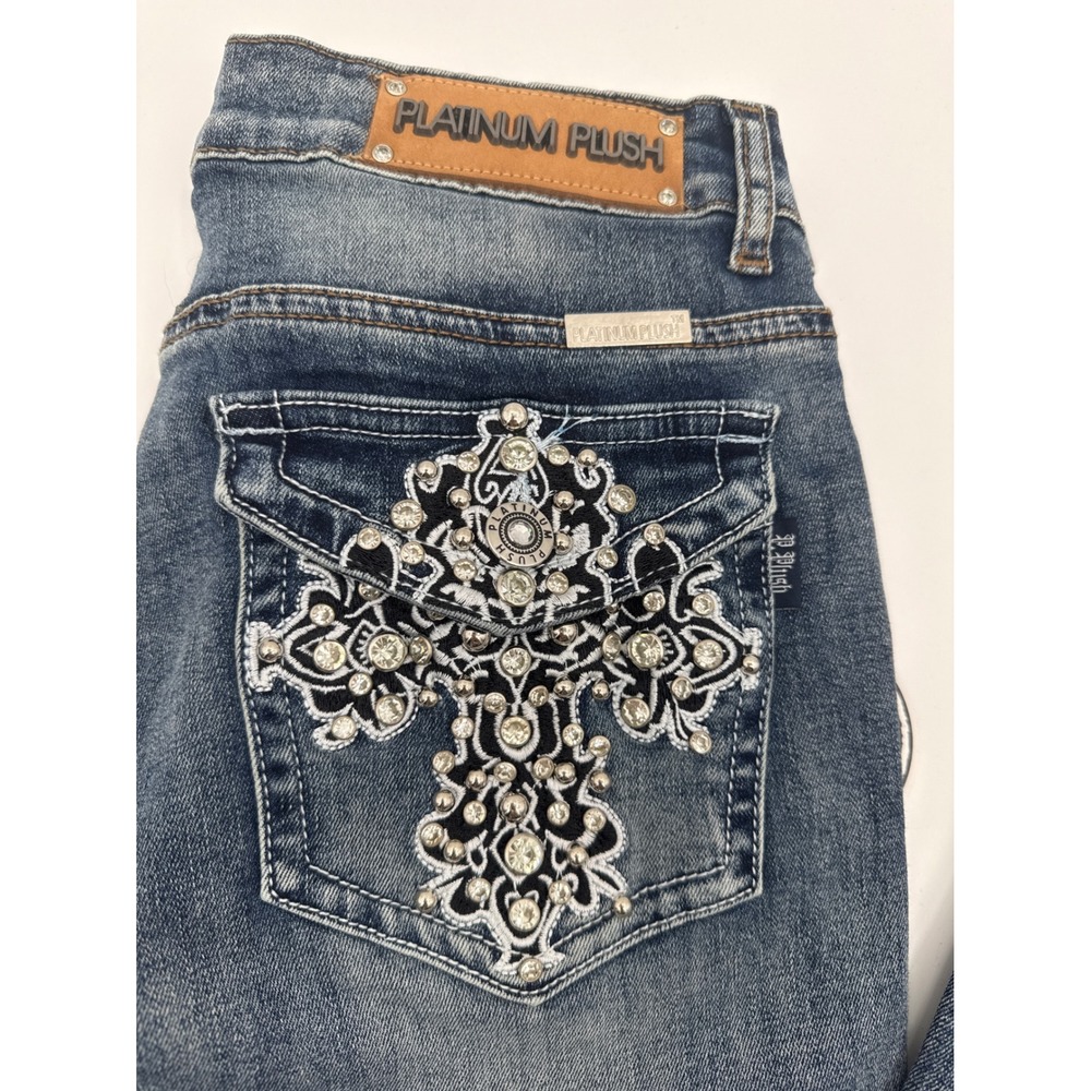 Platinum Plush Los Angeles Rhinestone Cross Bootcut Jeans Y2K Blue 4034 Junior 3